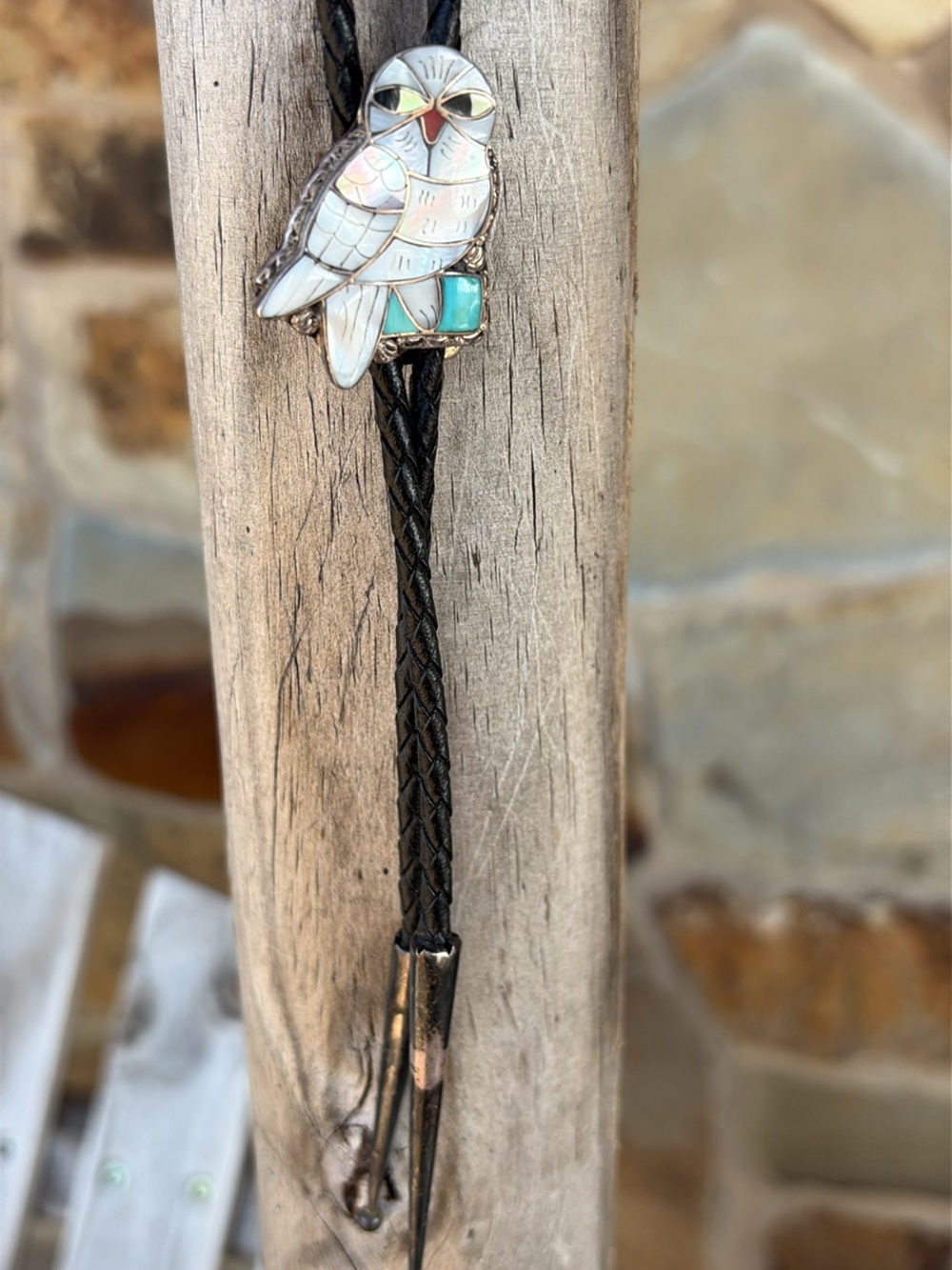 Owl Inlay Bolo Tie with White and Turquoise Accents